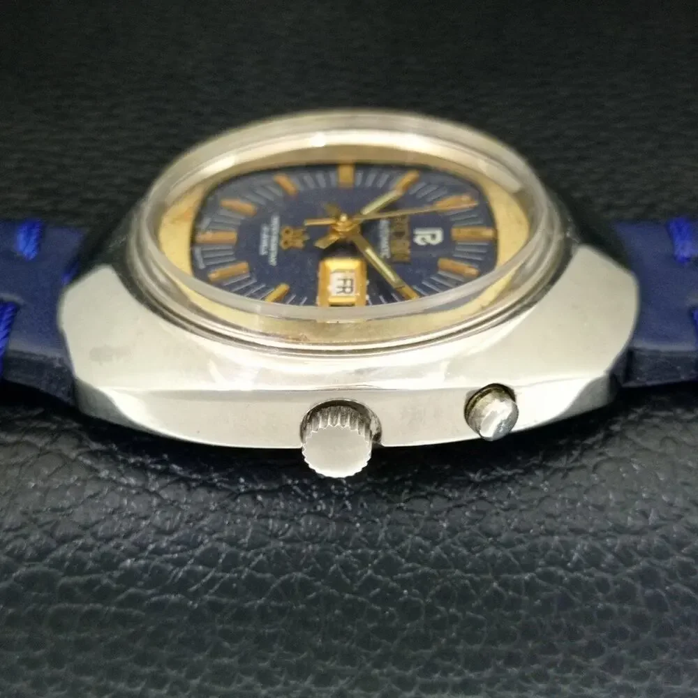 Vintage 1986 Ricoh Automatic Mens Silver Watch W/daydate & Blue accents